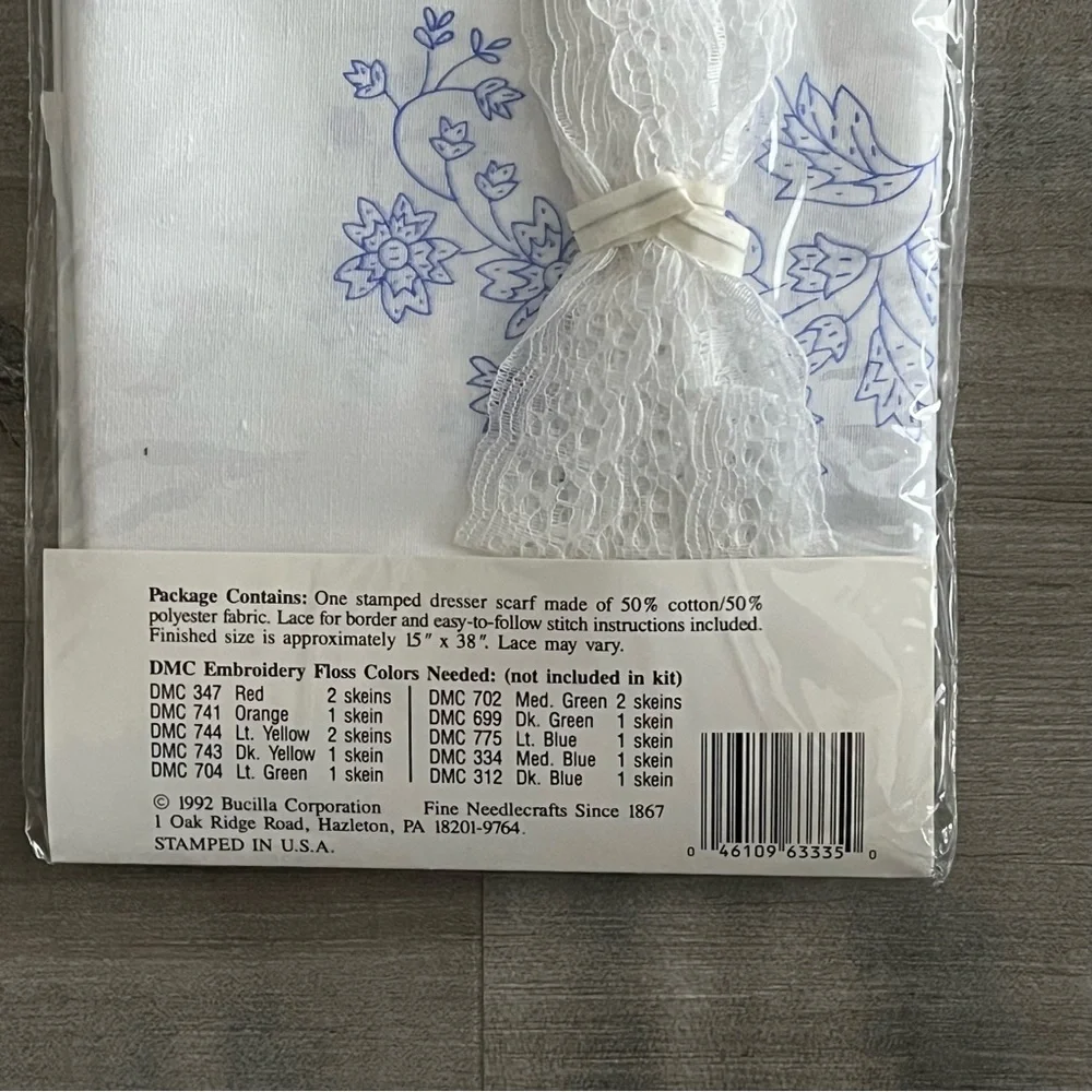 NWT Bucilla Special Edition Stamped Embroidery Flowers Dress Scarf & DMC Floss